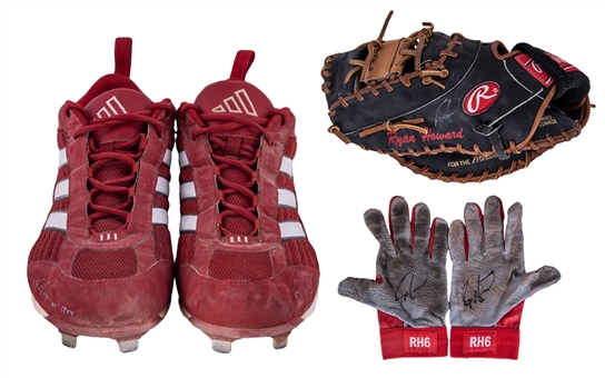 Ryan Howard Game Used and Signed Cleats, Batting Gloves and Signed Fielding Glove (Phillies LOA, Howard LOA & JSA)